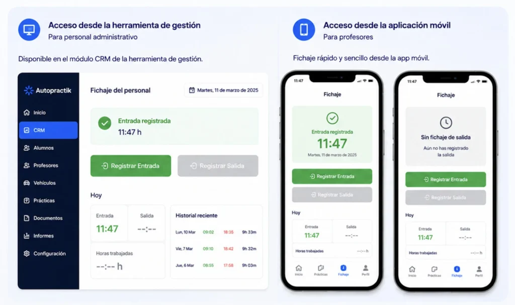Sistema de fichaje para el personal de la autoescuala con Autopractik
