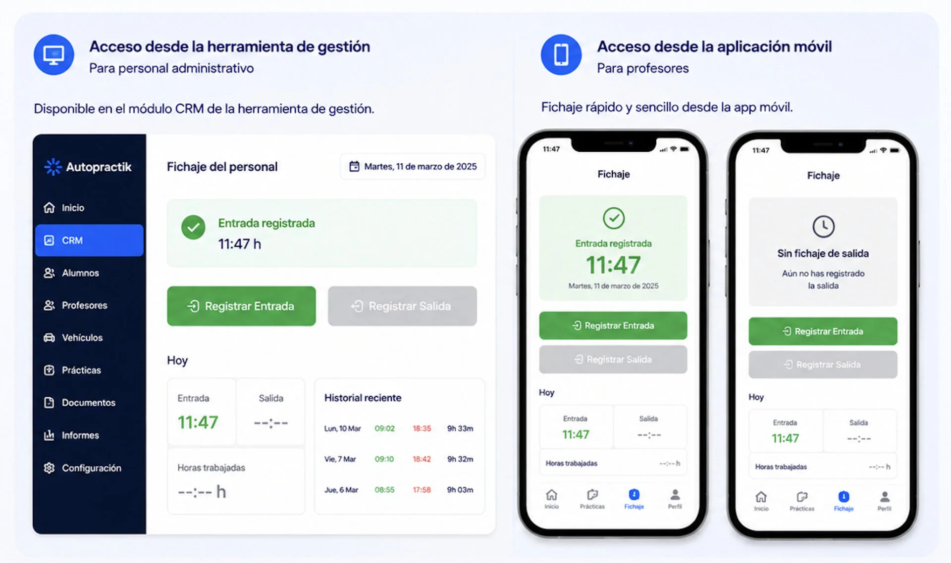Sistema de fichaje para el personal de la autoescuala con Autopractik